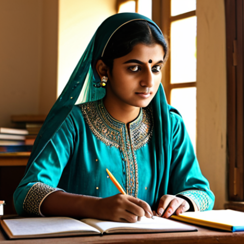 Home 18 Focused Student**
"A bright and determined student, fully clothed in a modest salwar kameez, studying diligently at a wooden desk adorned with books and stationery in a sunlit room, appropriate attire, safe for work, perfect anatomy, natural proportions, family-friendly, high quality."
**
