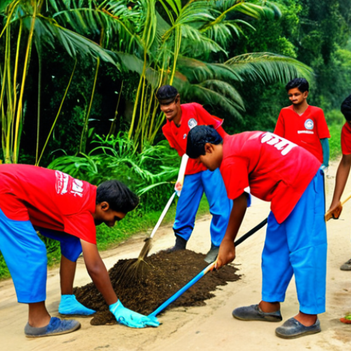 Home 10 NSS Volunteerism**
"A group of high school students in Bangladesh participating in an NSS (National Service Scheme) cleanup project in a rural village. Students are wearing NSS uniforms and cleaning a road, planting trees, and interacting with local villagers. Depict a sense of community service and positive impact. Safe for work, appropriate content, fully clothed, professional, modest, family-friendly, perfect anatomy, correct proportions, natural pose, well-formed hands, proper finger count, natural body proportions, high quality."
**