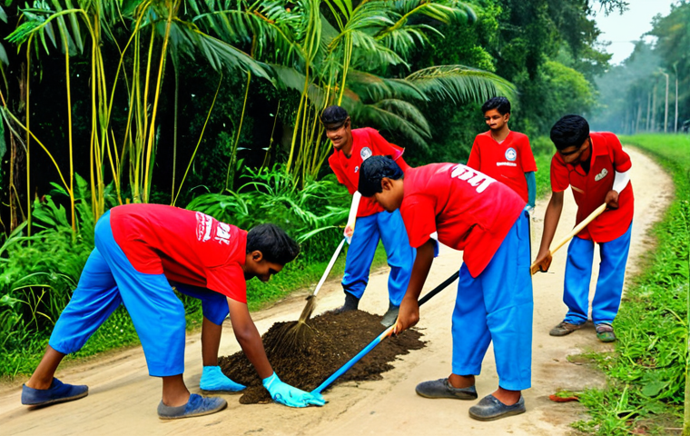 NSS Volunteerism**

"A group of high school students in Bangladesh participating in an NSS (National Service Scheme) cleanup project in a rural village. Students are wearing NSS uniforms and cleaning a road, planting trees, and interacting with local villagers. Depict a sense of community service and positive impact. Safe for work, appropriate content, fully clothed, professional, modest, family-friendly, perfect anatomy, correct proportions, natural pose, well-formed hands, proper finger count, natural body proportions, high quality."

**