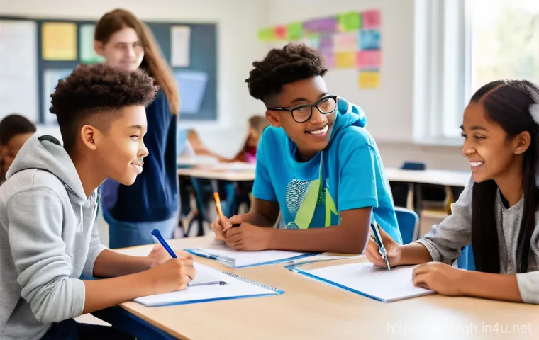 고등학교 수행평가 사례 - **Prompt: Engaging High School Group Project in a Modern Classroom**
"A bright, spacious high sc...