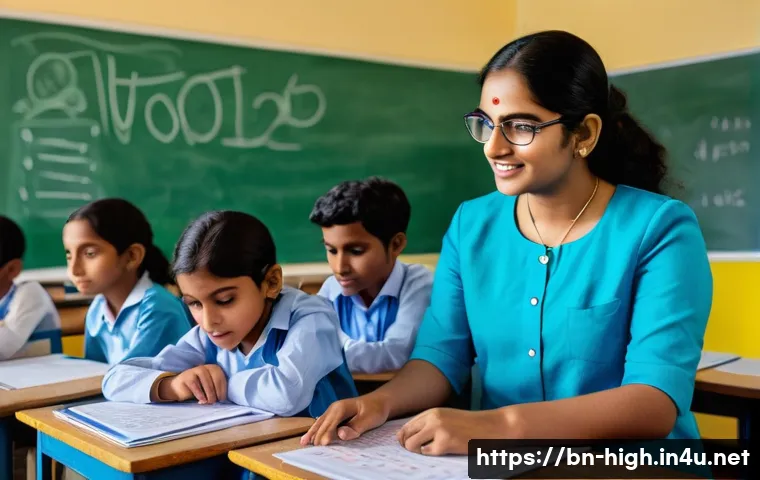 고등학교 학급 운영 노하우 - A vibrant classroom scene showing a Bengali teacher engaging a diverse group of attentive Bengali st...