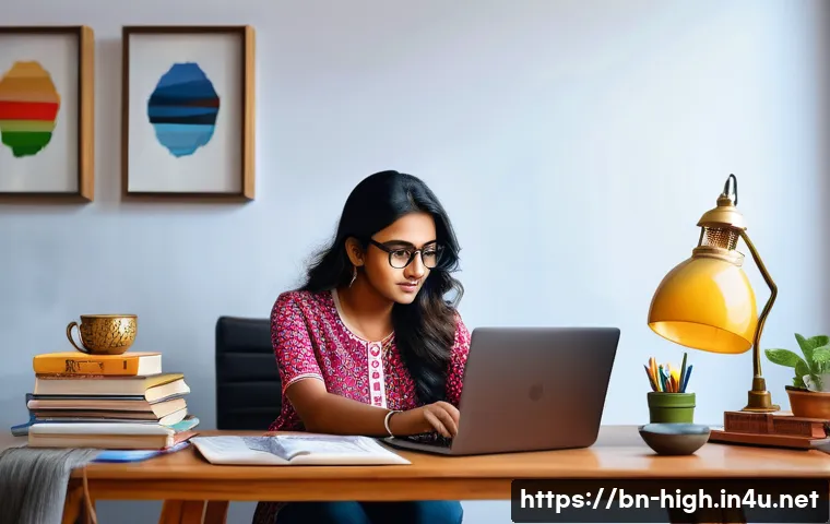 고등학교 졸업 후 취업 가능 직업 - A young Bengali digital marketing specialist working on a laptop in a cozy home office, surrounded b...