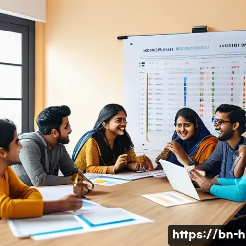 고등학교 동아리 공모전 준비 - A diverse group of enthusiastic Bengali youth gathered around a table in a cozy, well-lit room, acti...