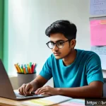 학생부종합전형 준비법 - A focused Bengali student sitting at a tidy study desk in a cozy room, wearing comfortable casual cl...